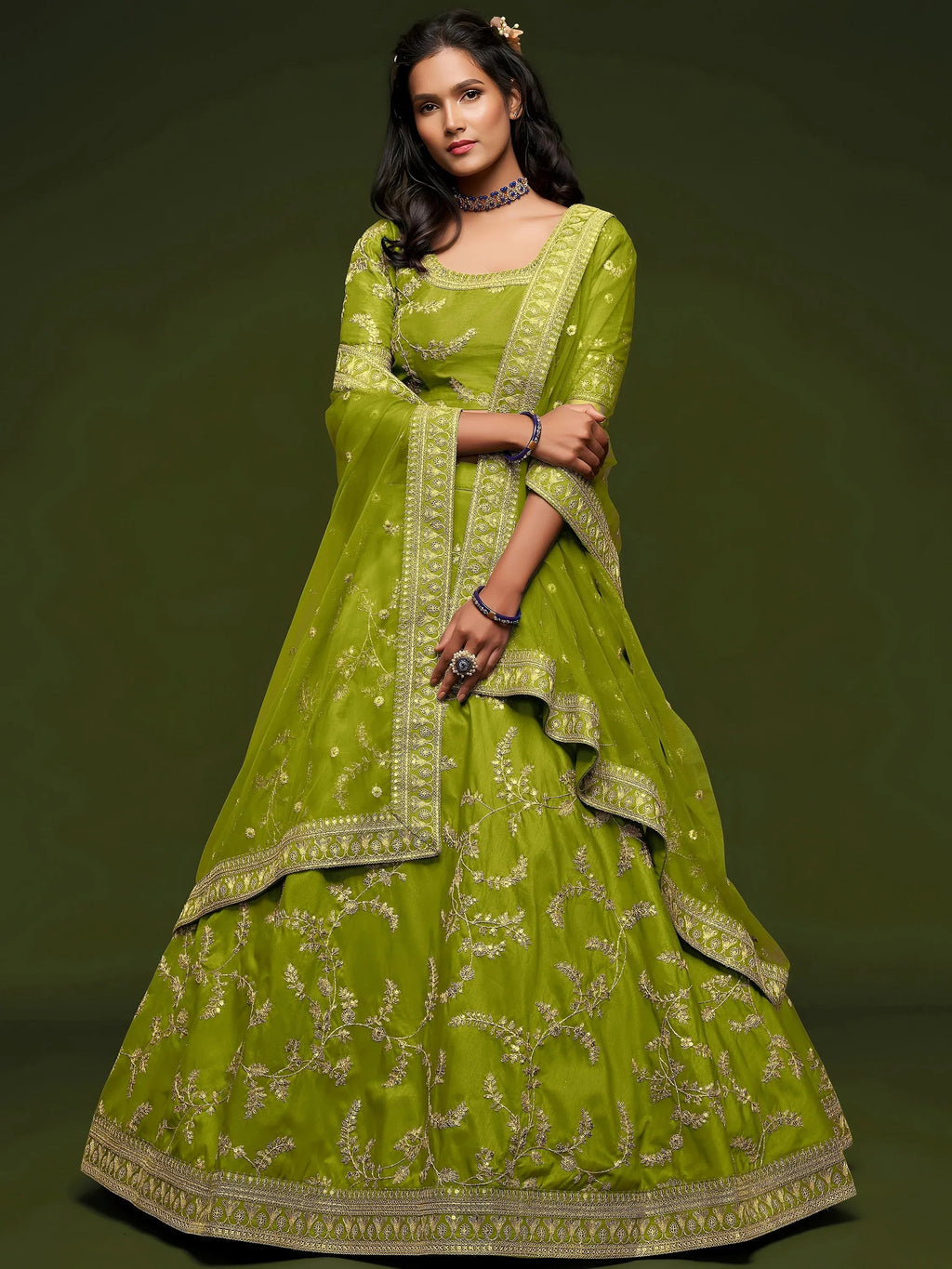 Tulsi Art Neon Green Thread Embroidery Art Silk Wedding Wear Lehenga Choli | Grocsy