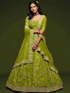 Tulsi Art Neon Green Thread Embroidery Art Silk Wedding Wear Lehenga Choli | Grocsy