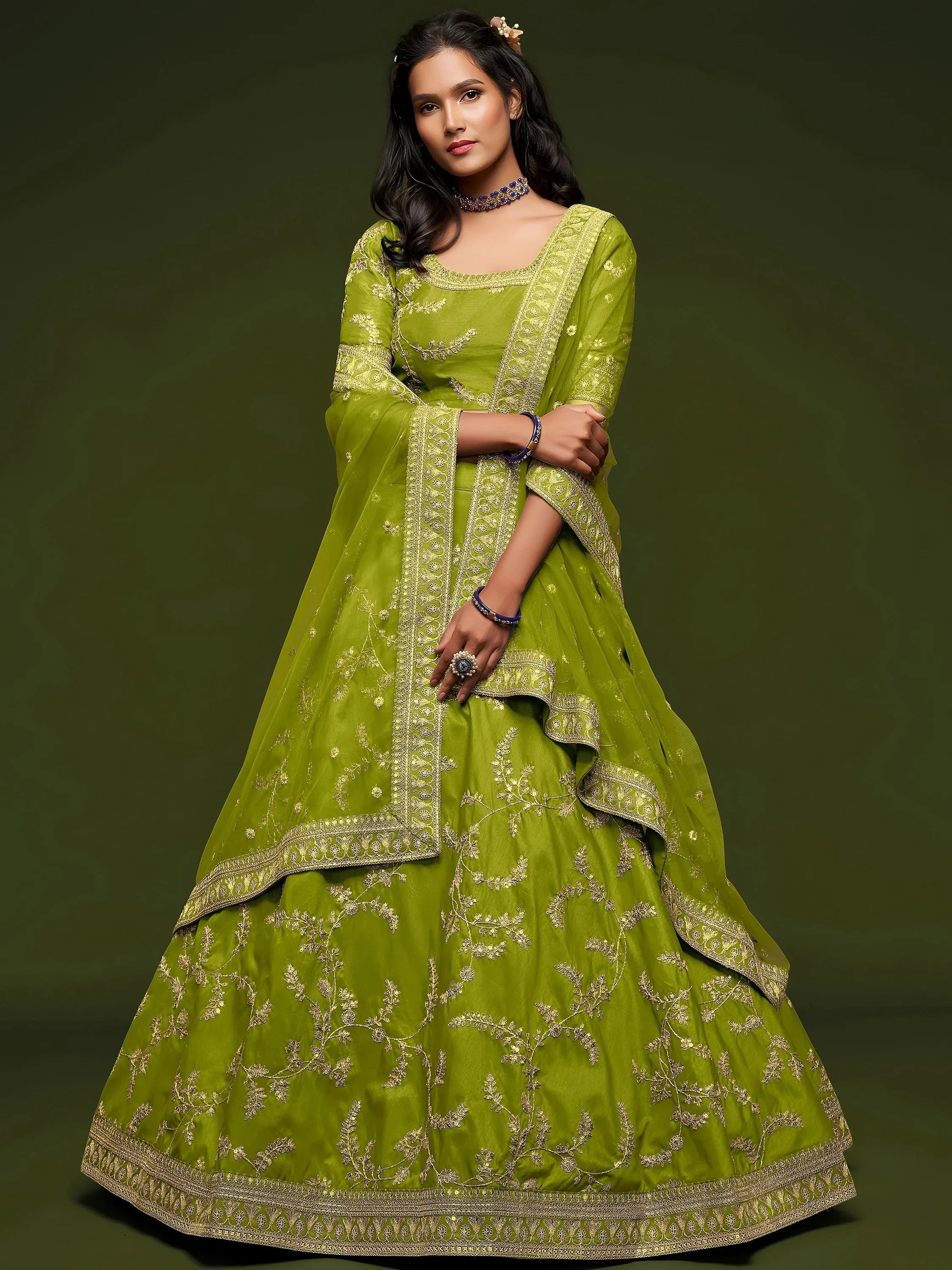 Tulsi Art Neon Green Thread Embroidery Art Silk Wedding Wear Lehenga Choli | Grocsy