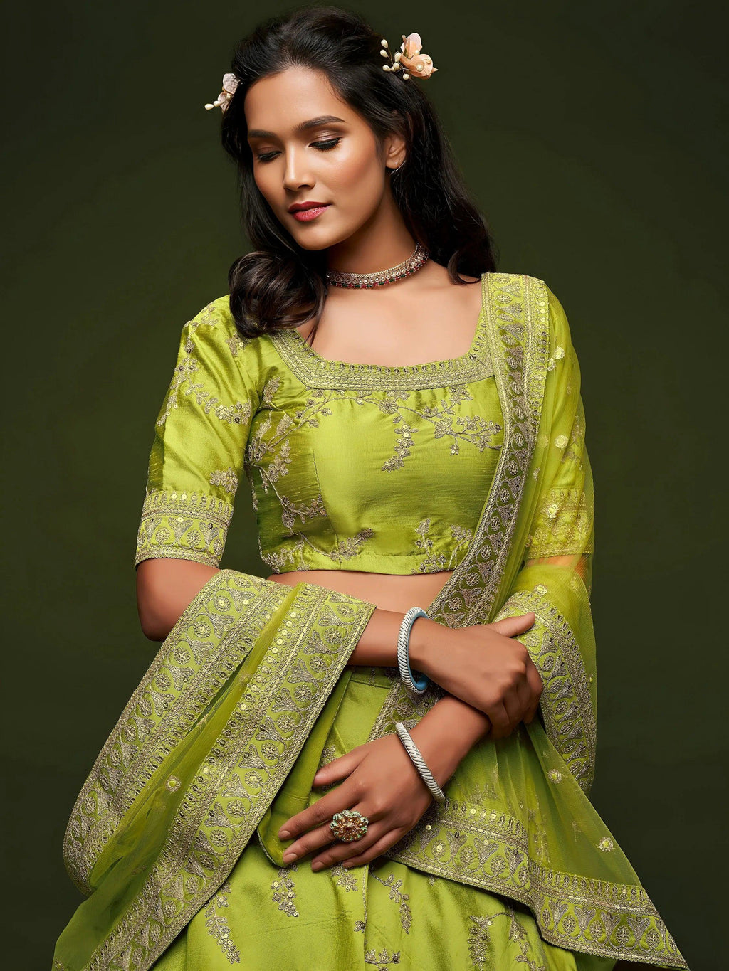 Tulsi Art Neon Green Thread Embroidery Art Silk Wedding Wear Lehenga Choli | Grocsy