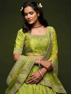 Tulsi Art Neon Green Thread Embroidery Art Silk Wedding Wear Lehenga Choli | Grocsy