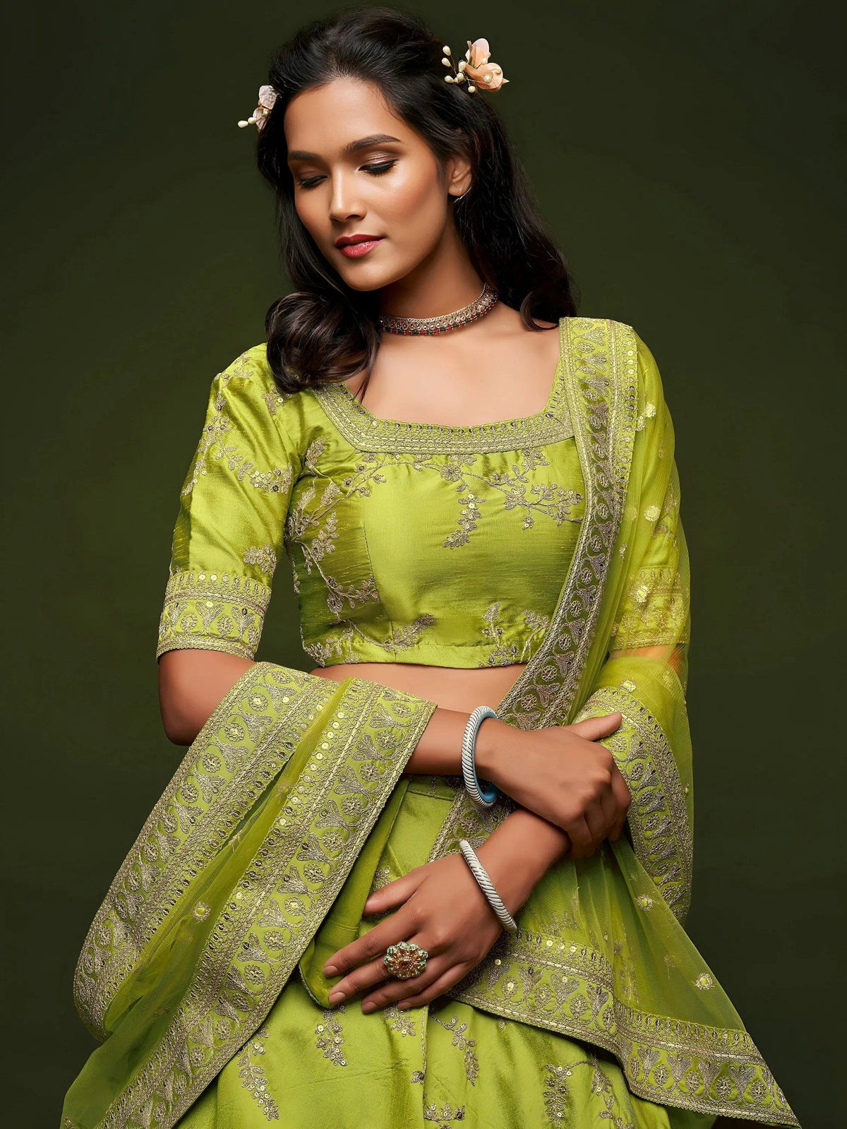 Tulsi Art Neon Green Thread Embroidery Art Silk Wedding Wear Lehenga Choli | Grocsy