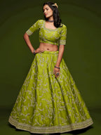 Tulsi Art Neon Green Thread Embroidery Art Silk Wedding Wear Lehenga Choli | Grocsy