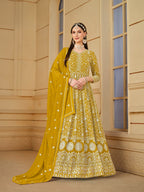 Anaita Yellow Embroidered Faux Georgette Anarkali Suit | Grocsy