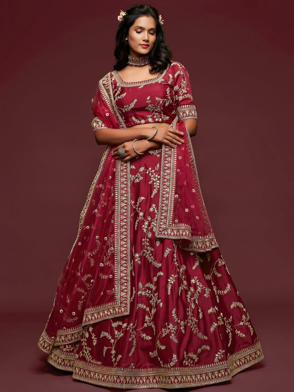 Tulsi Art Maroon Thread Embroidery Art Silk Wedding Wear Lehenga Choli | Grocsy