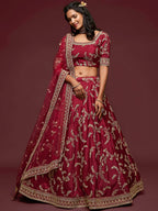 Tulsi Art Maroon Thread Embroidery Art Silk Wedding Wear Lehenga Choli | Grocsy