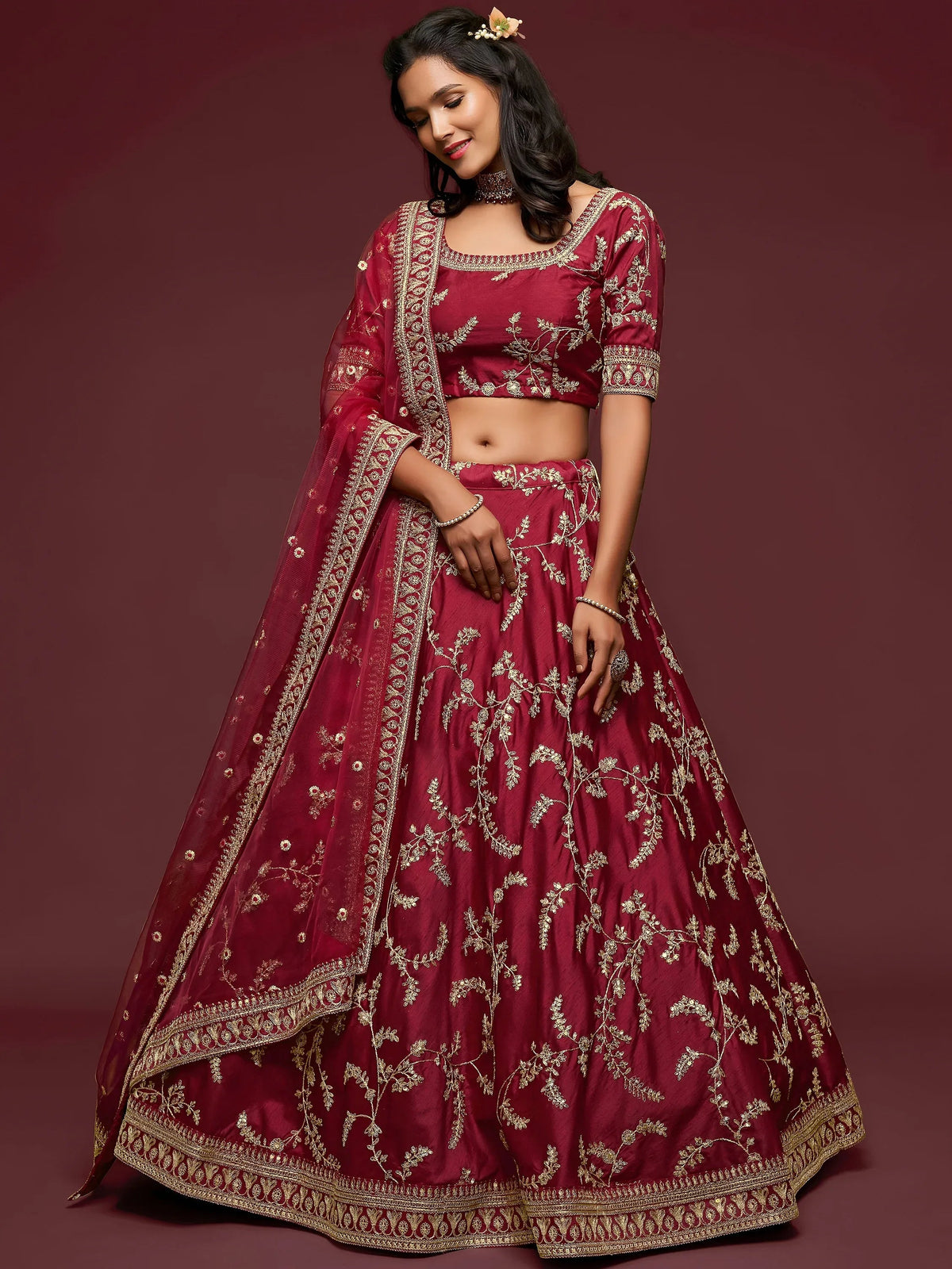 Tulsi Art Maroon Thread Embroidery Art Silk Wedding Wear Lehenga Choli | Grocsy