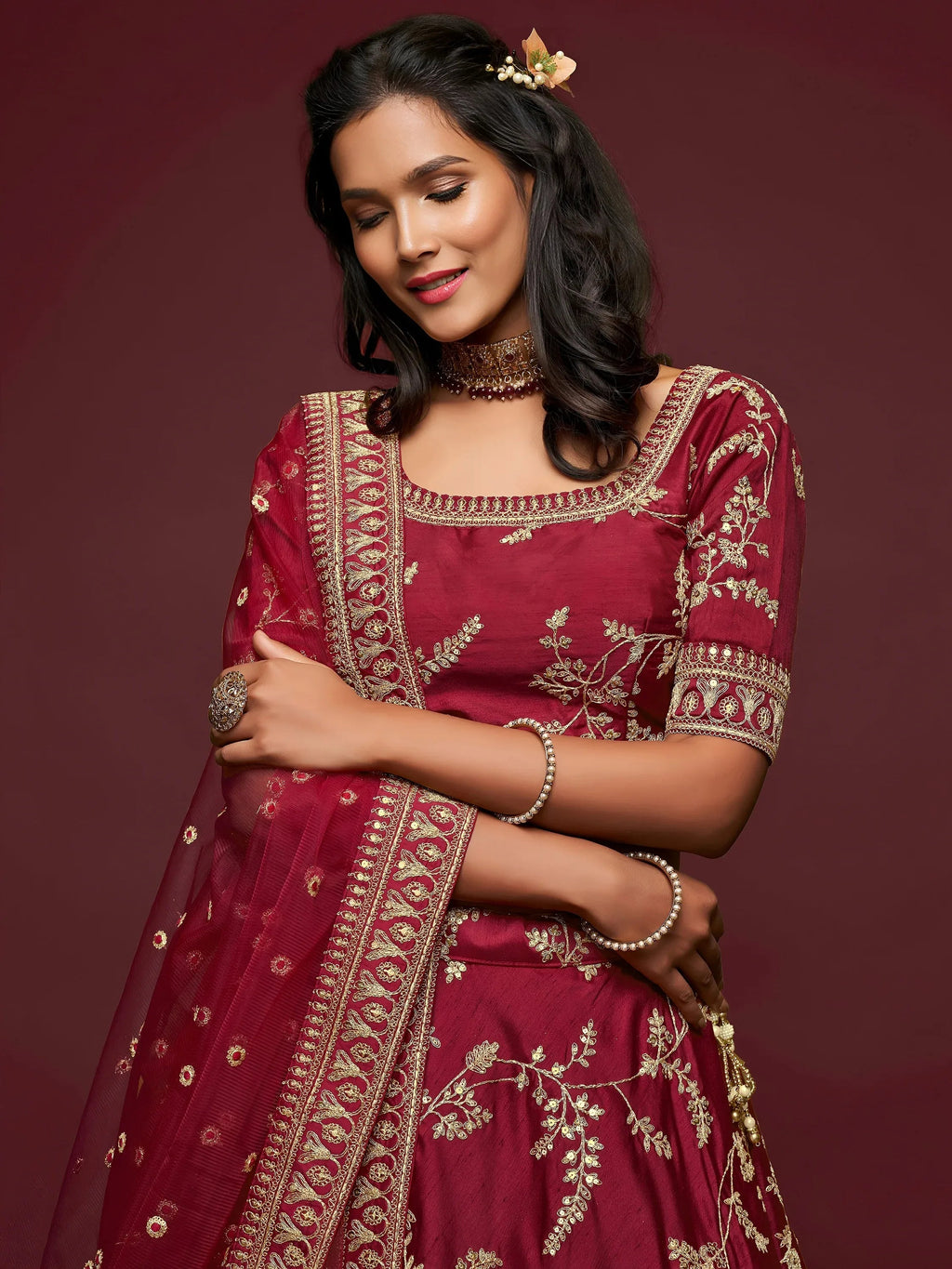Tulsi Art Maroon Thread Embroidery Art Silk Wedding Wear Lehenga Choli | Grocsy