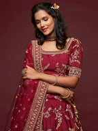 Tulsi Art Maroon Thread Embroidery Art Silk Wedding Wear Lehenga Choli | Grocsy