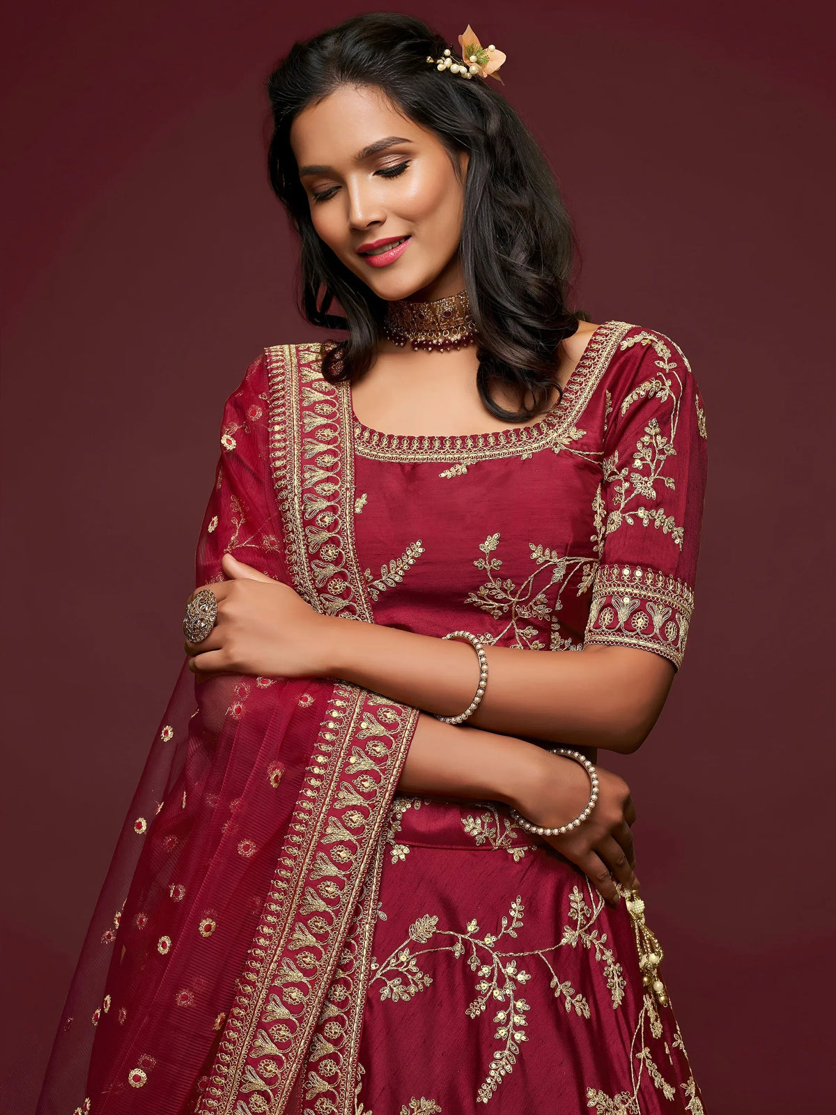 Tulsi Art Maroon Thread Embroidery Art Silk Wedding Wear Lehenga Choli | Grocsy