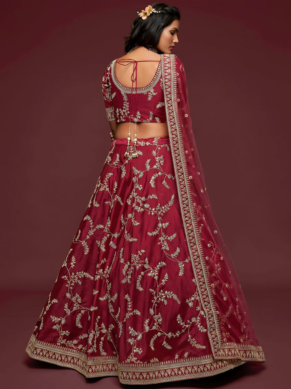 Tulsi Art Maroon Thread Embroidery Art Silk Wedding Wear Lehenga Choli | Grocsy