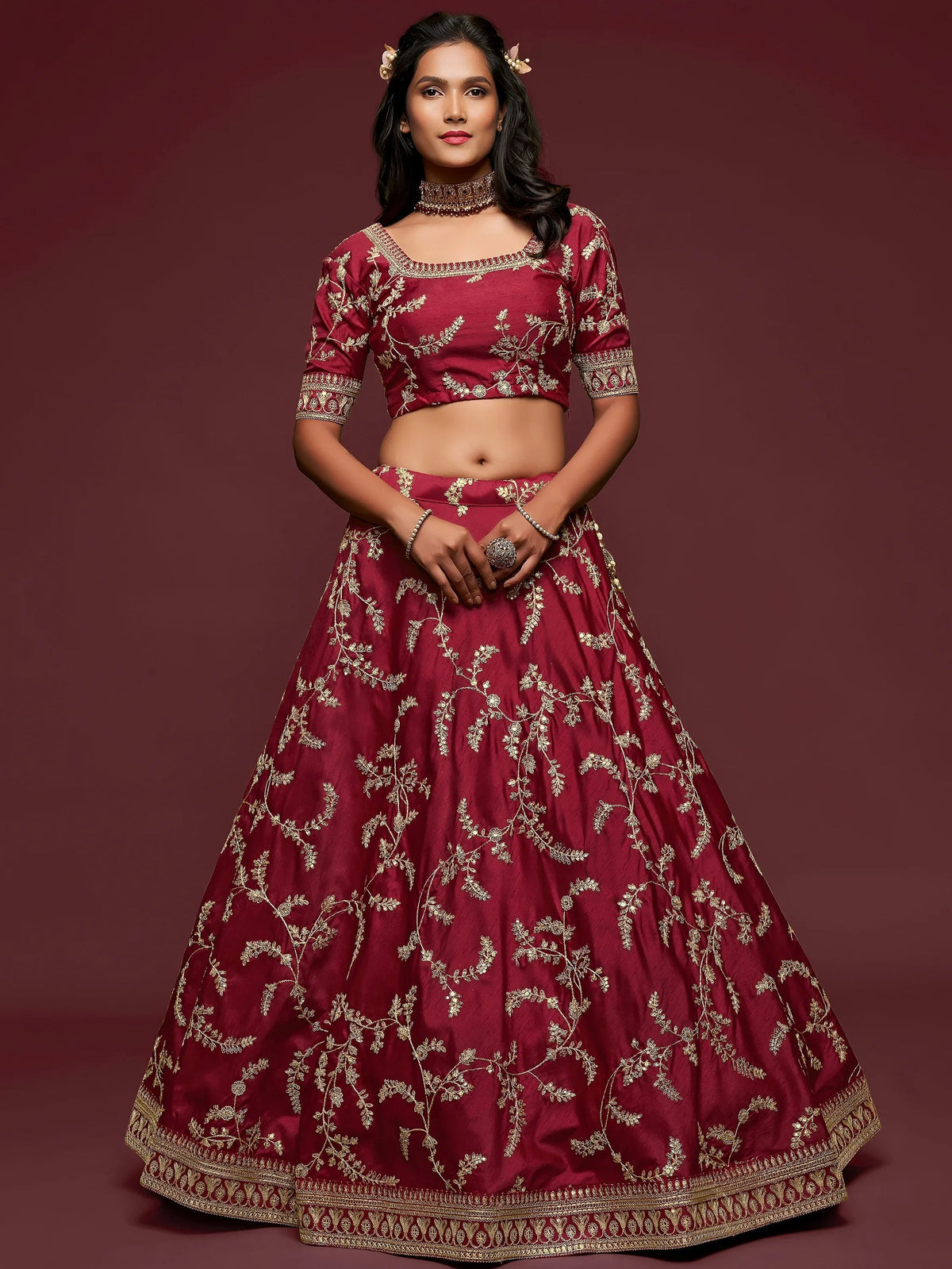 Tulsi Art Maroon Thread Embroidery Art Silk Wedding Wear Lehenga Choli | Grocsy