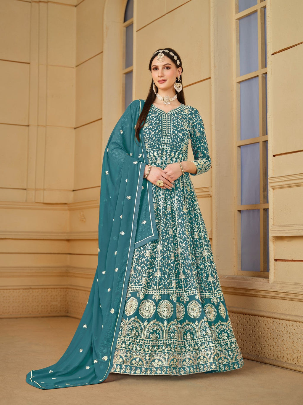 Anaita Yellow Embroidered Faux Georgette Anarkali Suit | Grocsy