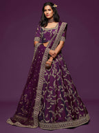Tulsi Art Purple Thread Embroidery Art Silk Wedding Wear Lehenga Choli | Grocsy