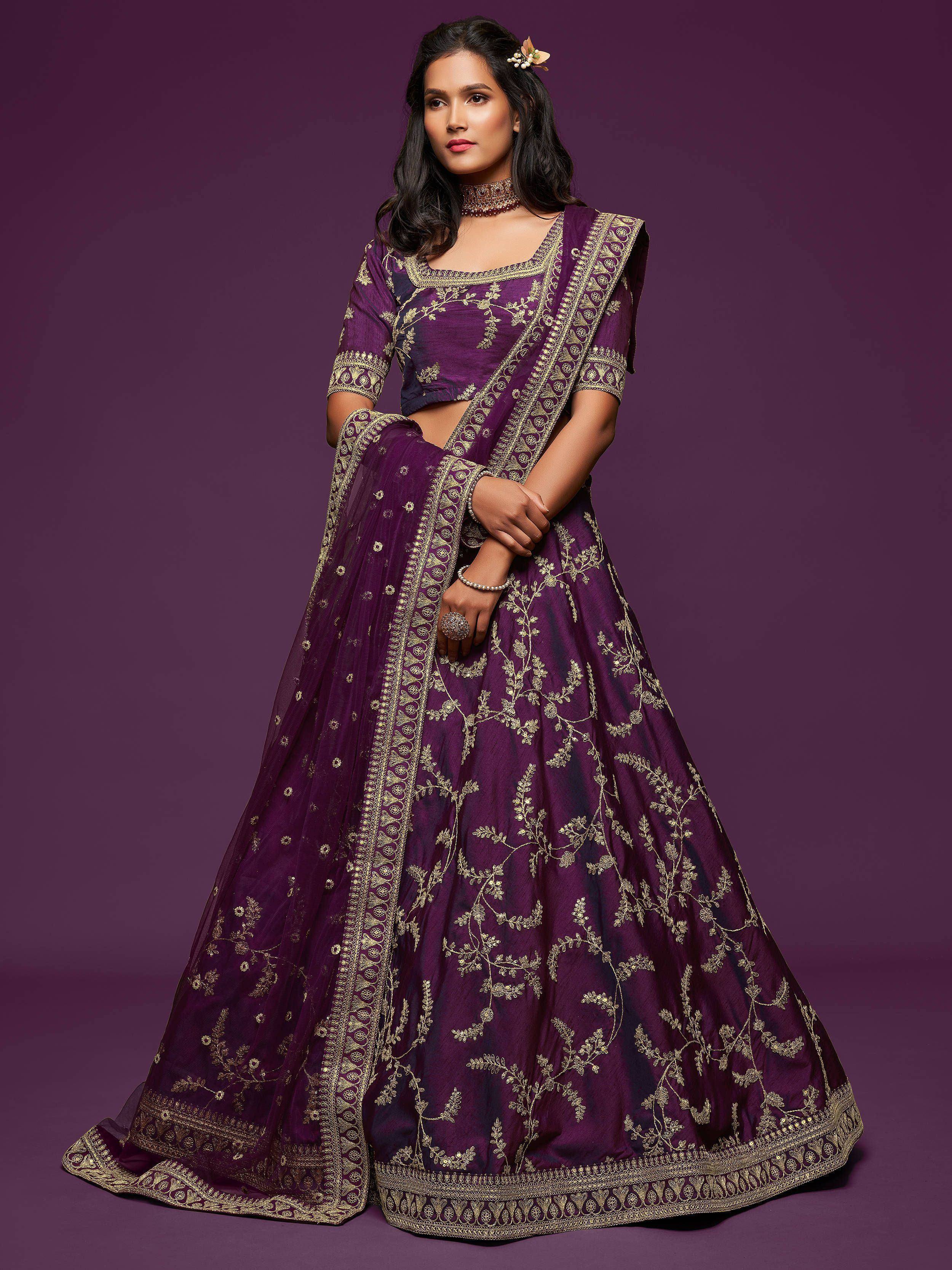 Tulsi Art Purple Thread Embroidery Art Silk Wedding Wear Lehenga Choli | Grocsy