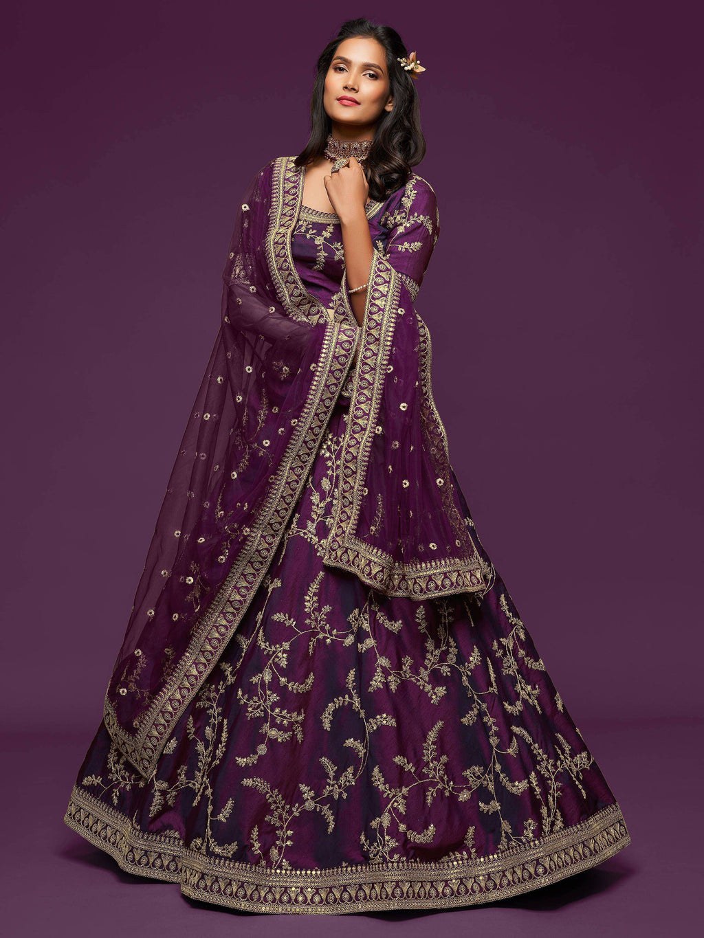 Tulsi Art Purple Thread Embroidery Art Silk Wedding Wear Lehenga Choli | Grocsy