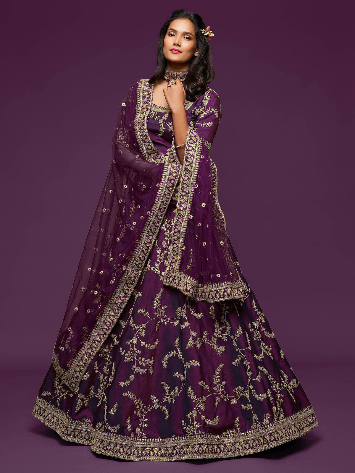 Tulsi Art Purple Thread Embroidery Art Silk Wedding Wear Lehenga Choli | Grocsy