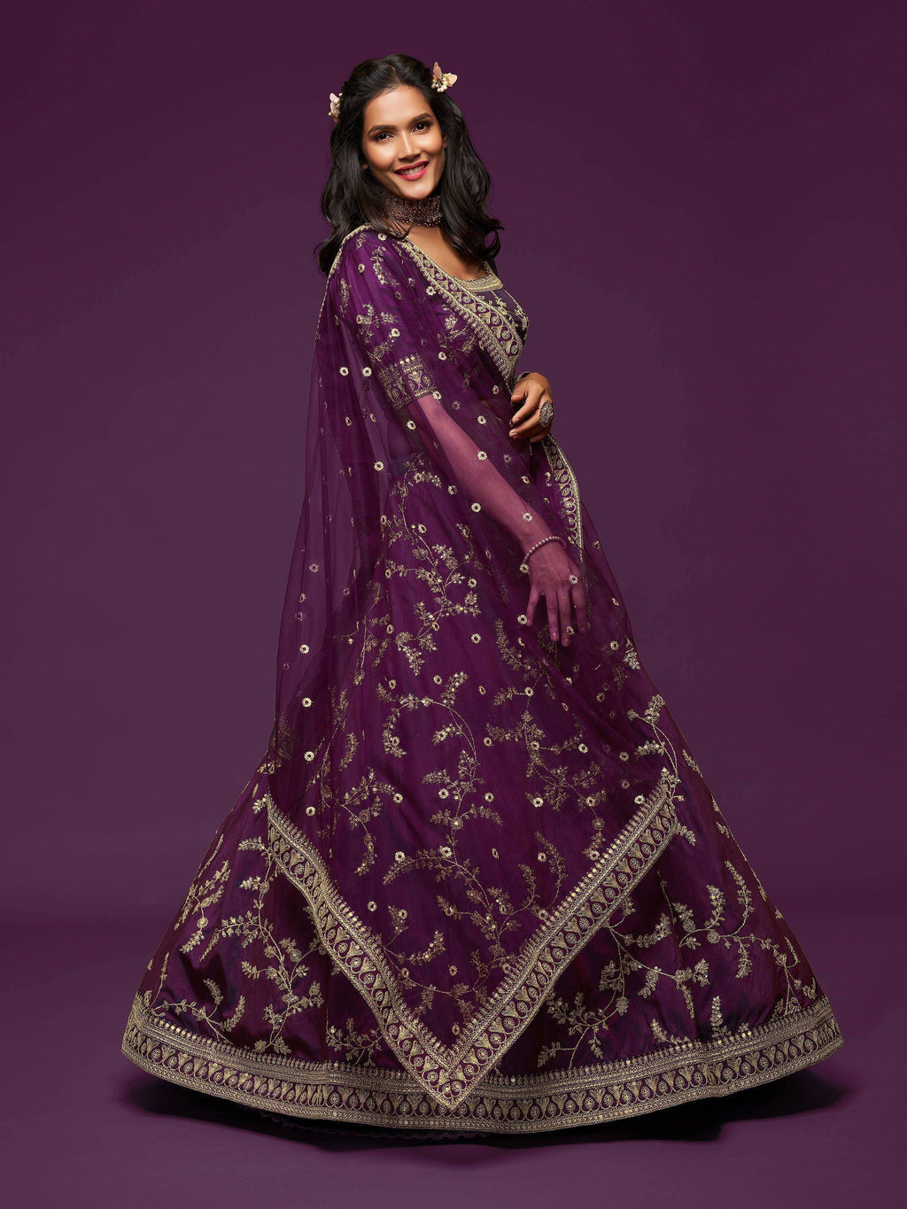 Tulsi Art Purple Thread Embroidery Art Silk Wedding Wear Lehenga Choli | Grocsy