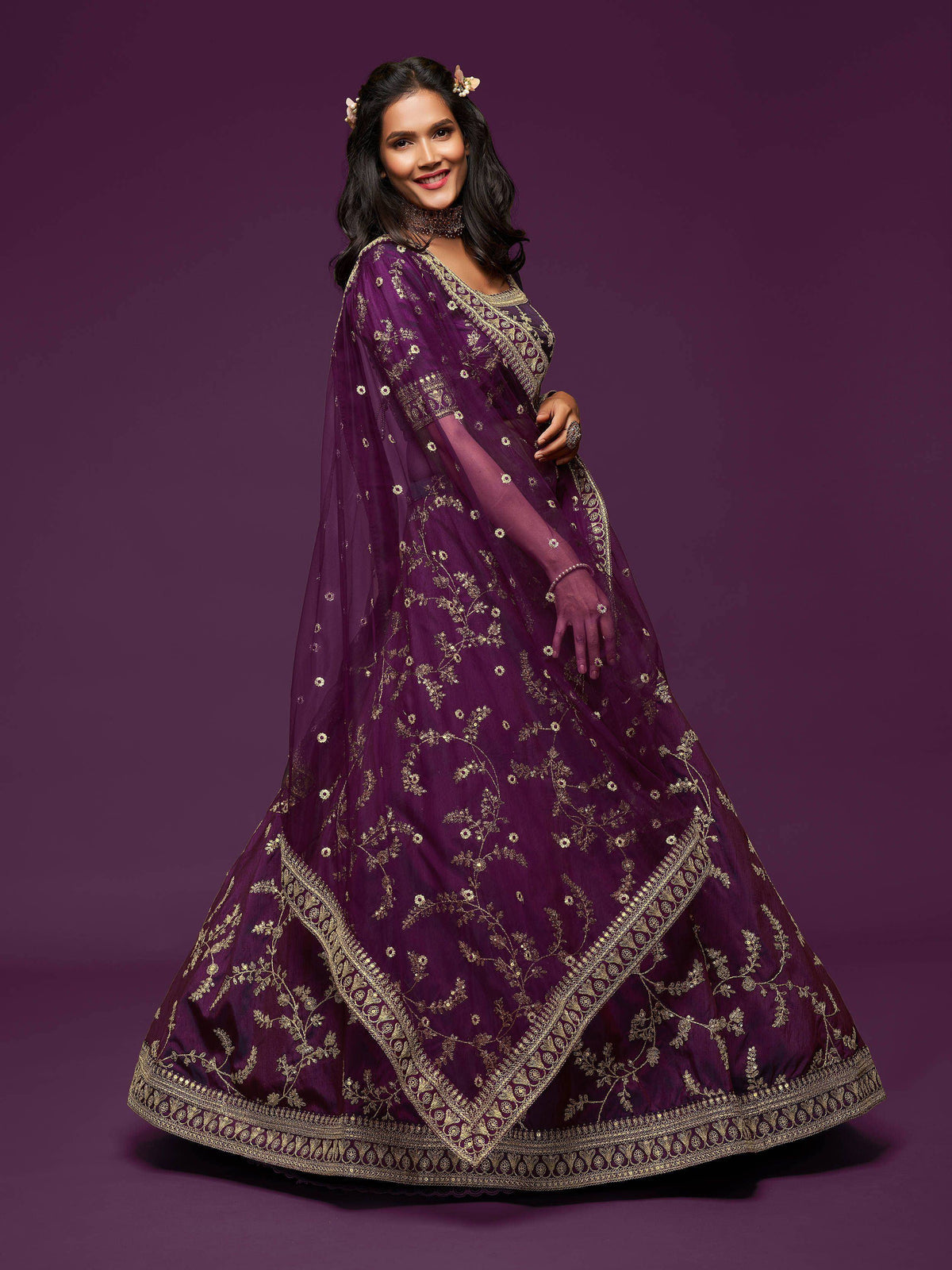 Tulsi Art Purple Thread Embroidery Art Silk Wedding Wear Lehenga Choli | Grocsy