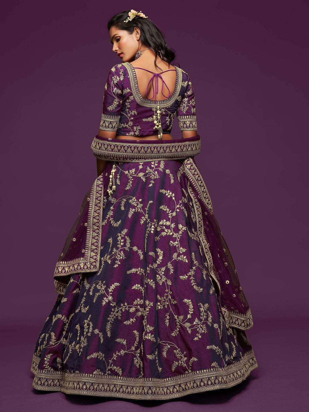 Tulsi Art Purple Thread Embroidery Art Silk Wedding Wear Lehenga Choli | Grocsy