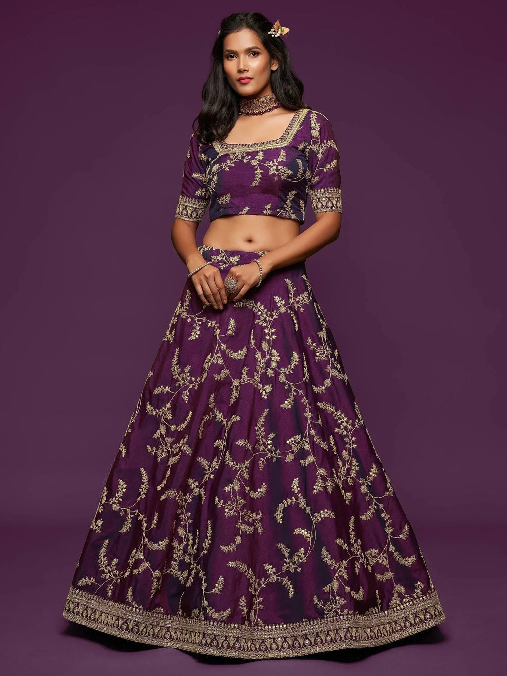 Tulsi Art Purple Thread Embroidery Art Silk Wedding Wear Lehenga Choli | Grocsy