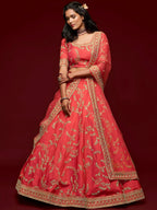 Tulsi Art Coral Red Thread Embroidery Art Silk Wedding Wear Lehenga Choli | Grocsy