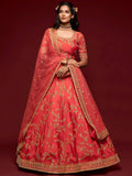 Tulsi Art Coral Red Thread Embroidery Art Silk Wedding Wear Lehenga Choli | Grocsy