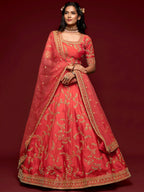 Tulsi Art Coral Red Thread Embroidery Art Silk Wedding Wear Lehenga Choli | Grocsy