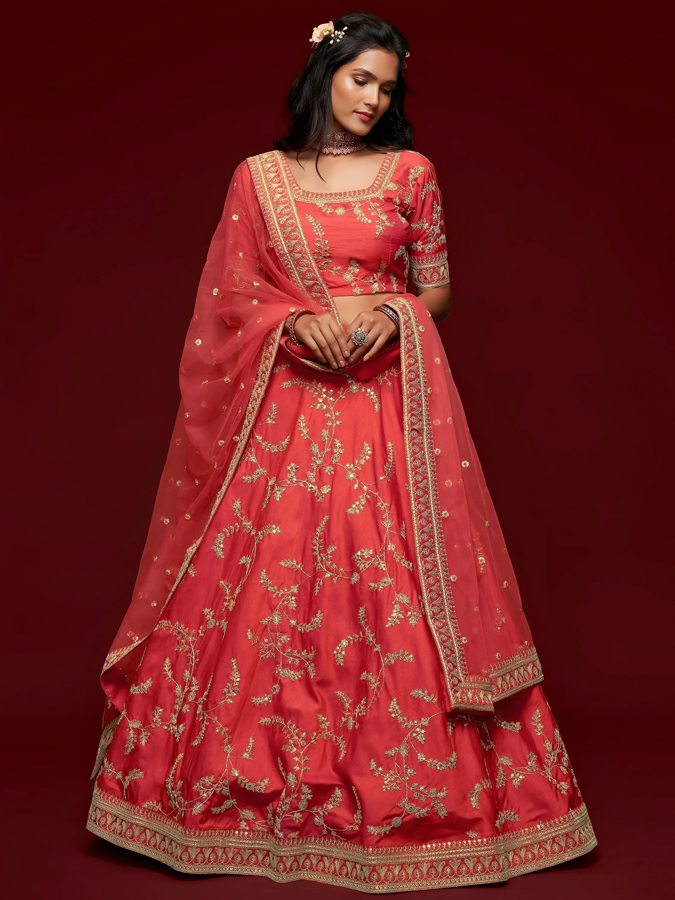 Tulsi Art Coral Red Thread Embroidery Art Silk Wedding Wear Lehenga Choli | Grocsy