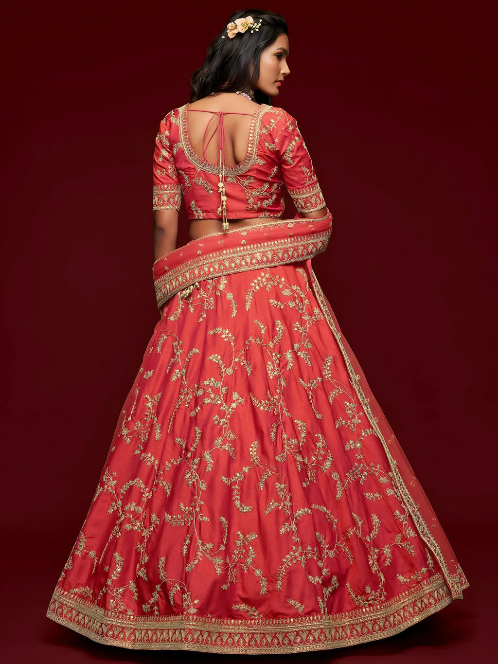 Tulsi Art Coral Red Thread Embroidery Art Silk Wedding Wear Lehenga Choli | Grocsy