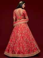 Tulsi Art Coral Red Thread Embroidery Art Silk Wedding Wear Lehenga Choli | Grocsy