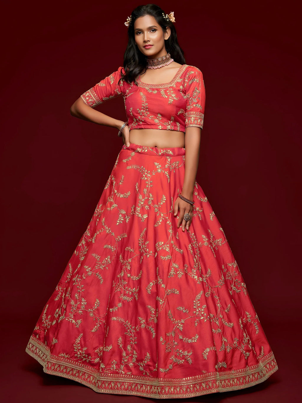 Tulsi Art Coral Red Thread Embroidery Art Silk Wedding Wear Lehenga Choli | Grocsy