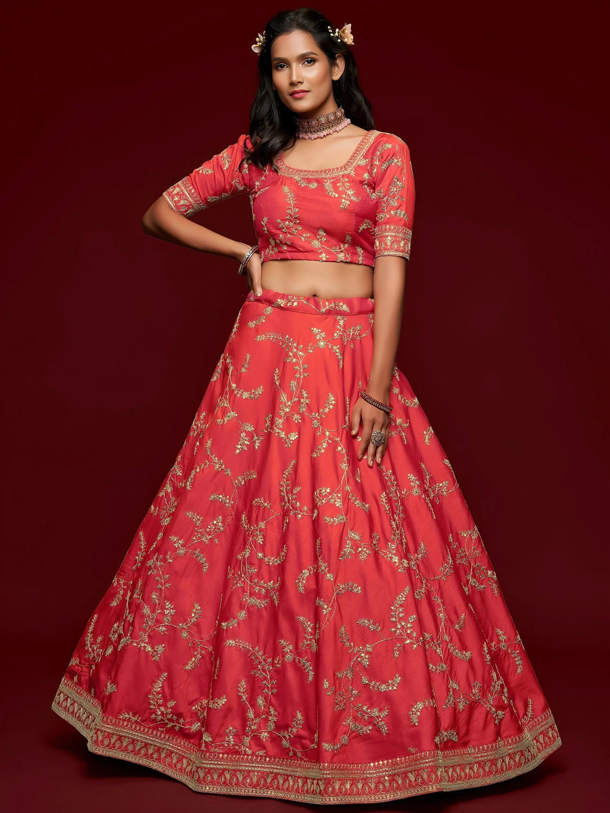 Tulsi Art Coral Red Thread Embroidery Art Silk Wedding Wear Lehenga Choli | Grocsy