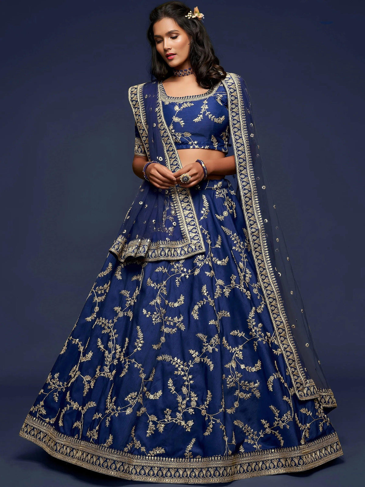 Tulsi Art Blue Thread Embroidery Art Silk Wedding Wear Lehenga Choli | Grocsy