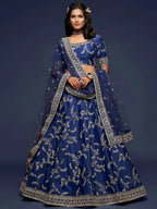 Tulsi Art Blue Thread Embroidery Art Silk Wedding Wear Lehenga Choli | Grocsy