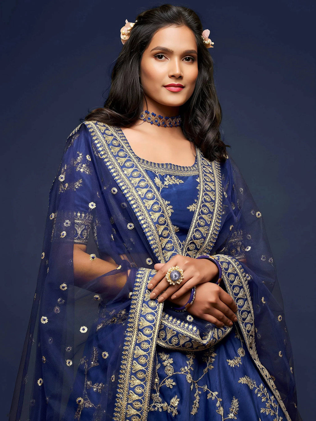 Tulsi Art Blue Thread Embroidery Art Silk Wedding Wear Lehenga Choli | Grocsy