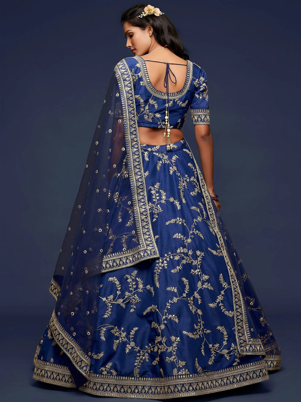 Tulsi Art Blue Thread Embroidery Art Silk Wedding Wear Lehenga Choli | Grocsy