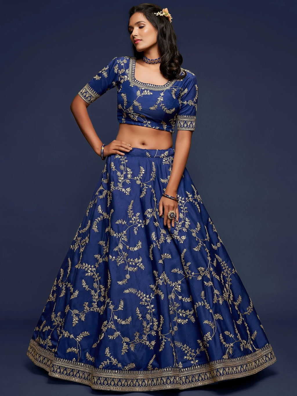 Tulsi Art Blue Thread Embroidery Art Silk Wedding Wear Lehenga Choli | Grocsy