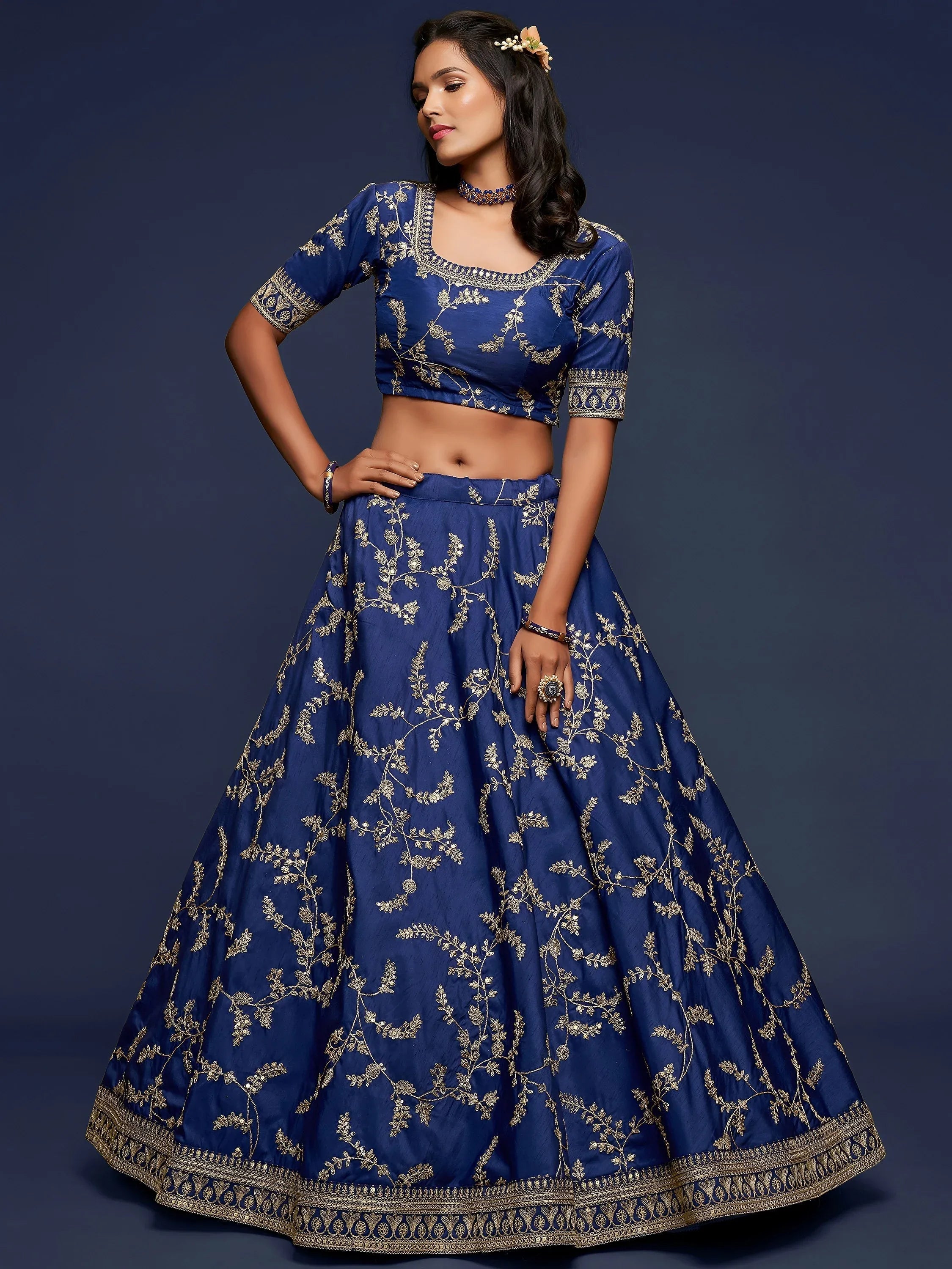 Tulsi Art Blue Thread Embroidery Art Silk Wedding Wear Lehenga Choli | Grocsy