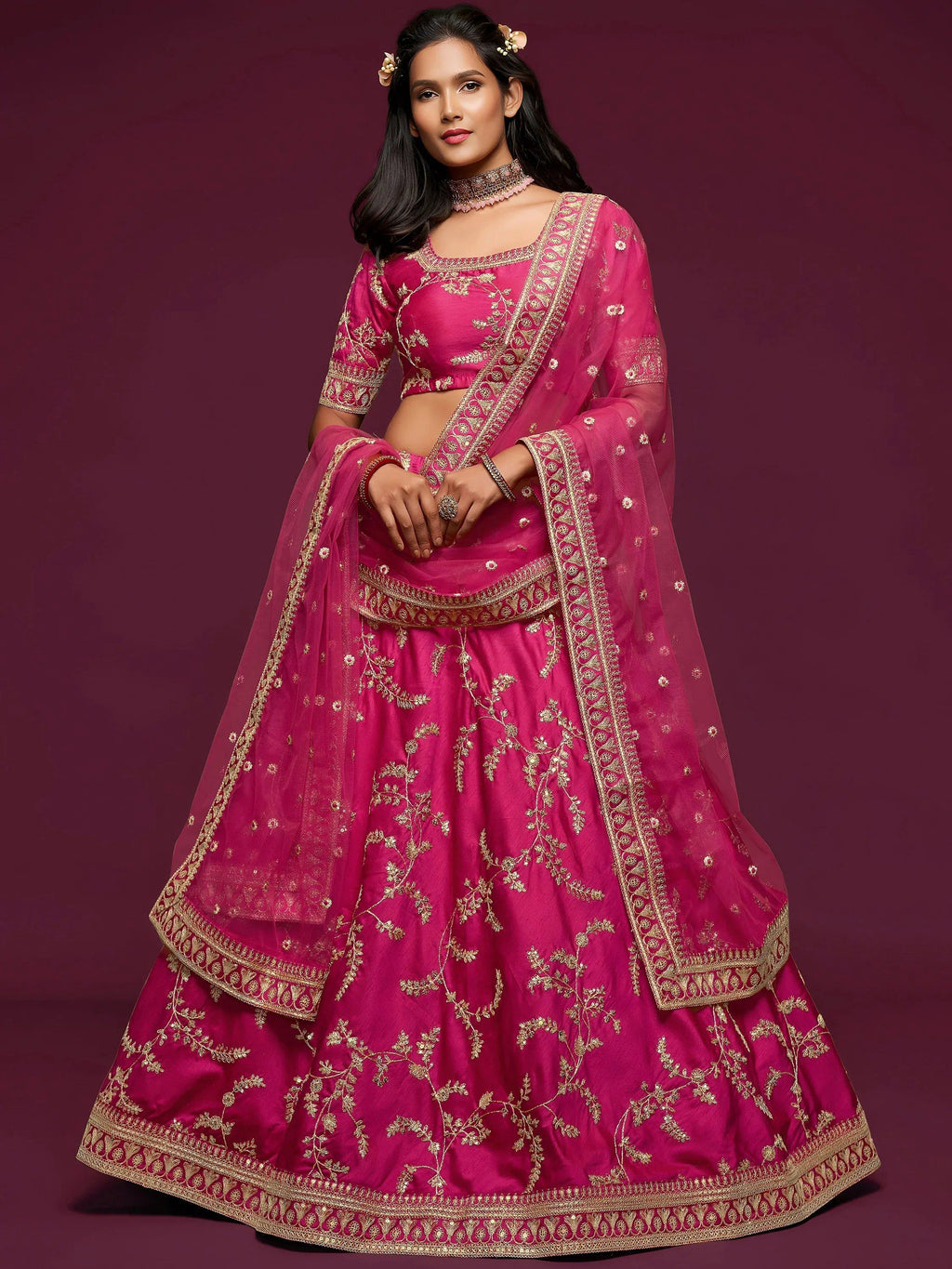 Tulsi Art Pink Thread Embroidery Art Silk Wedding Wear Lehenga Choli | Grocsy