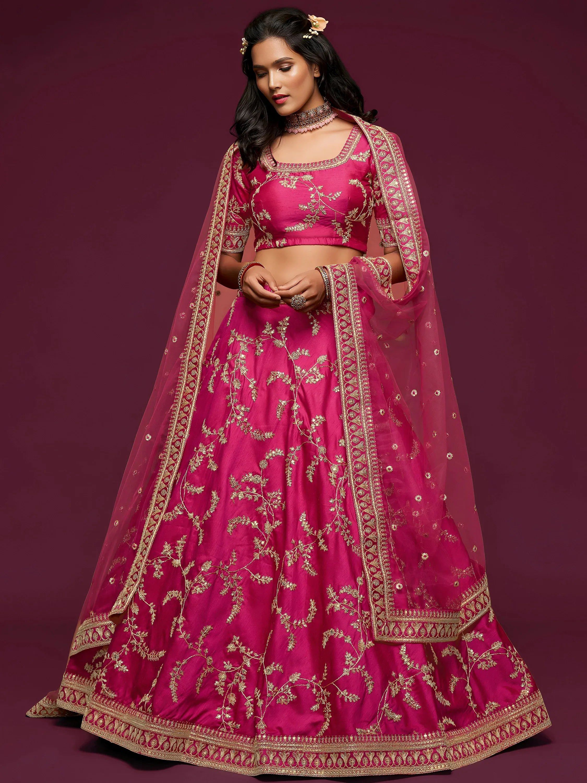 Tulsi Art Pink Thread Embroidery Art Silk Wedding Wear Lehenga Choli | Grocsy