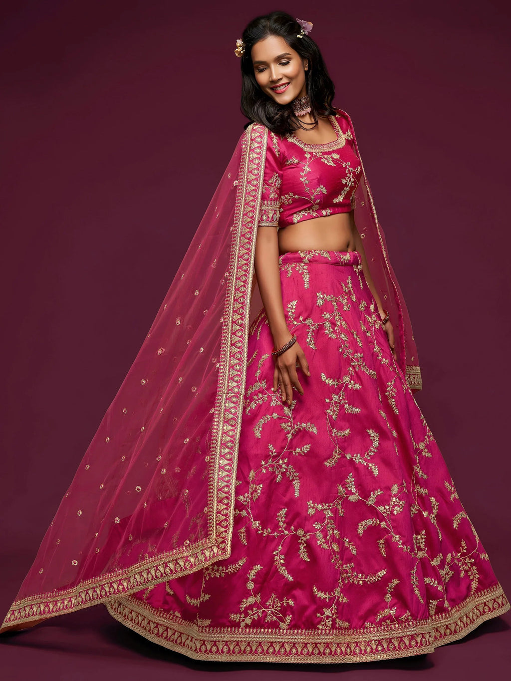 Tulsi Art Pink Thread Embroidery Art Silk Wedding Wear Lehenga Choli | Grocsy
