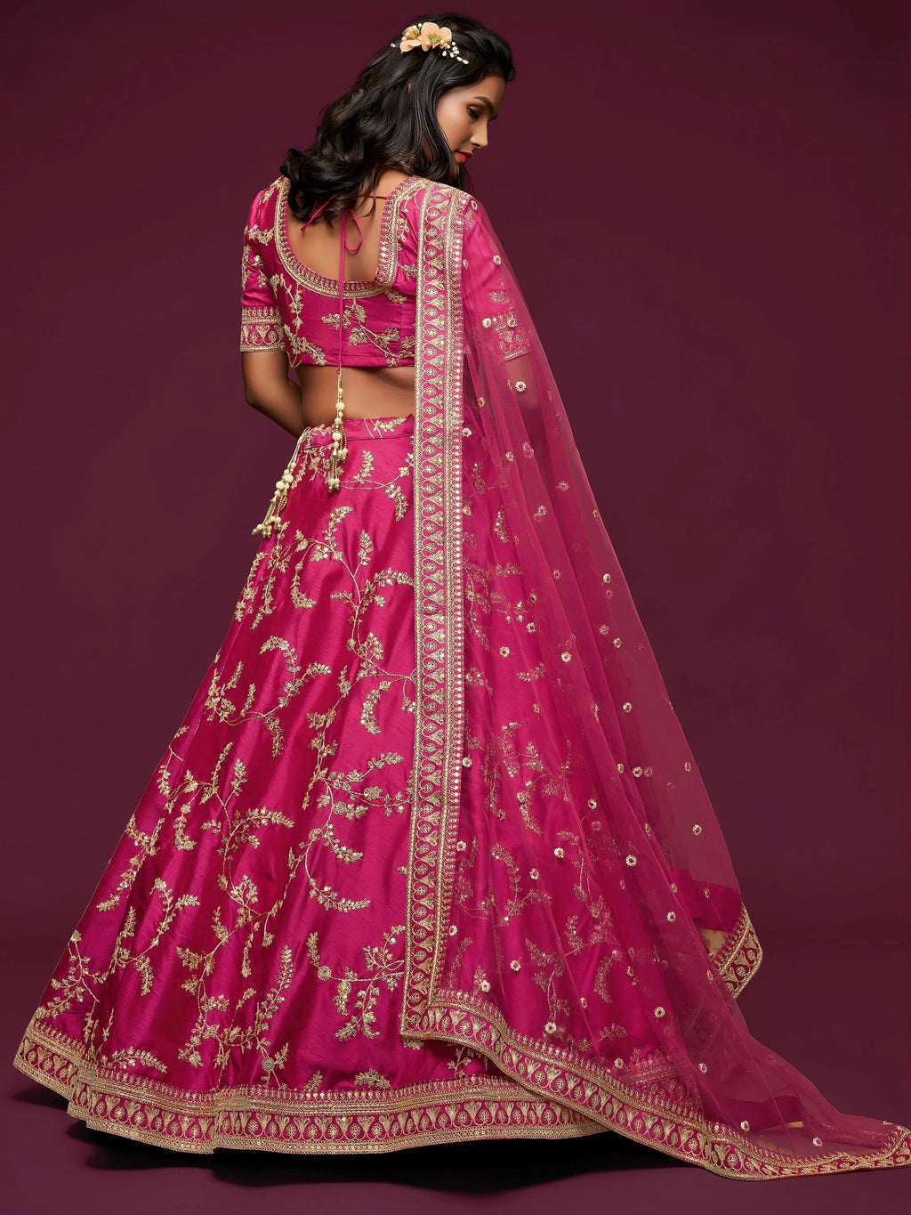Tulsi Art Pink Thread Embroidery Art Silk Wedding Wear Lehenga Choli | Grocsy