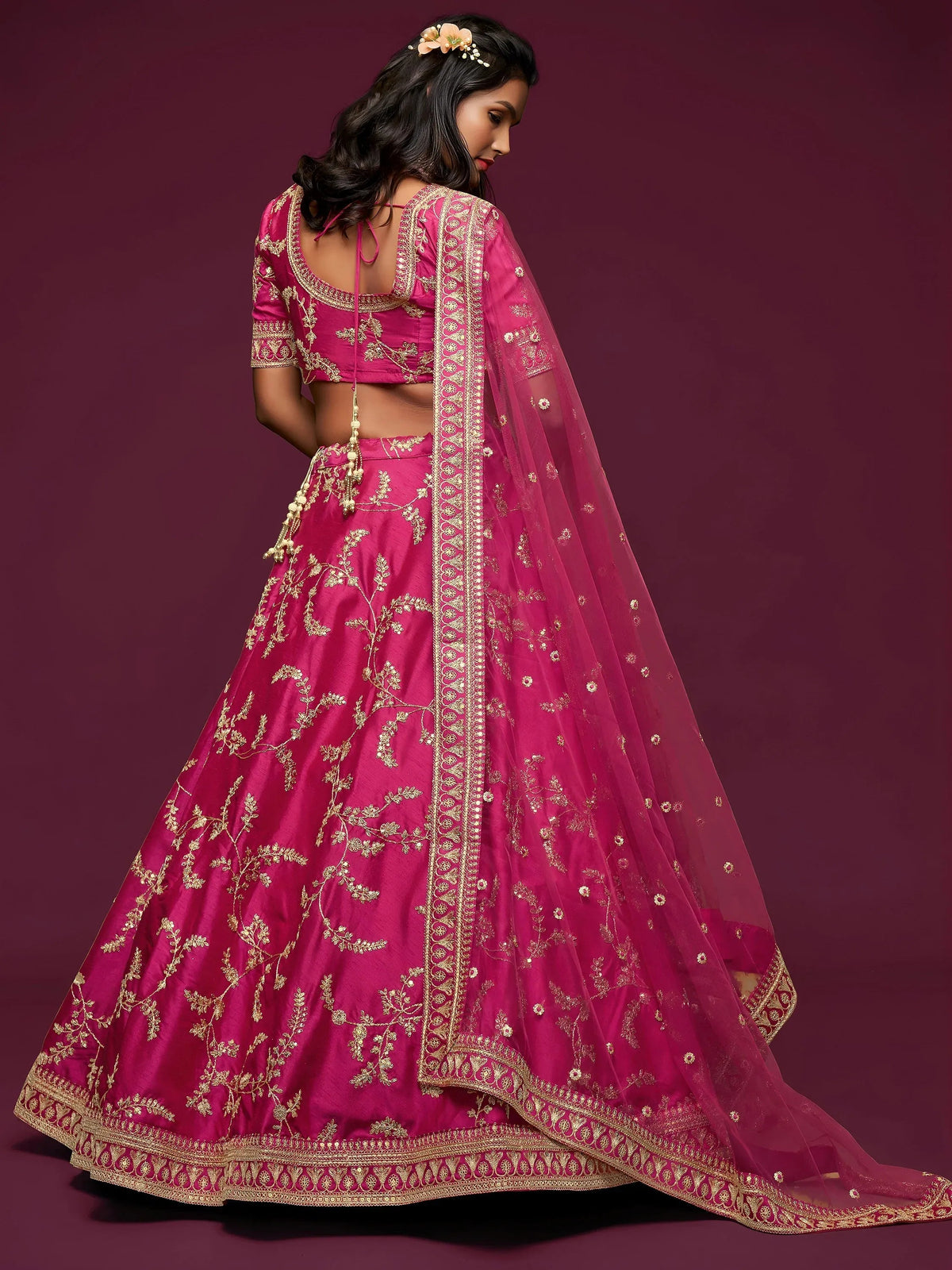 Tulsi Art Pink Thread Embroidery Art Silk Wedding Wear Lehenga Choli | Grocsy