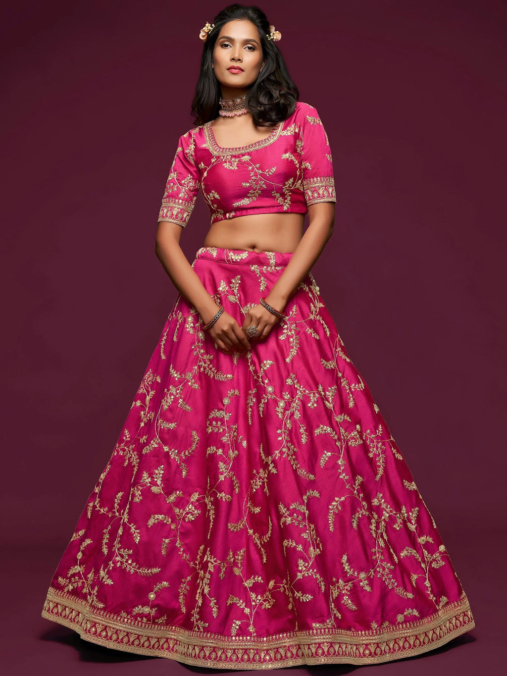 Tulsi Art Pink Thread Embroidery Art Silk Wedding Wear Lehenga Choli | Grocsy