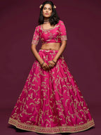 Tulsi Art Pink Thread Embroidery Art Silk Wedding Wear Lehenga Choli | Grocsy