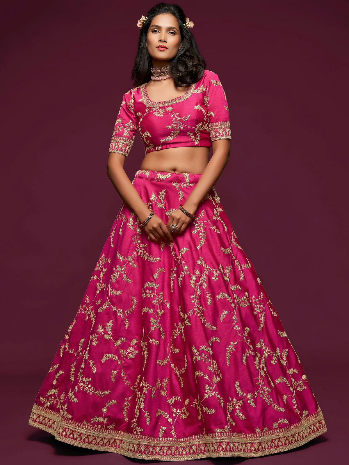 Tulsi Art Pink Thread Embroidery Art Silk Wedding Wear Lehenga Choli | Grocsy