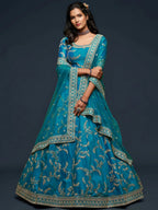 Tulsi Art Teal Blue Thread Embroidery Art Silk Wedding Wear Lehenga Choli | Grocsy