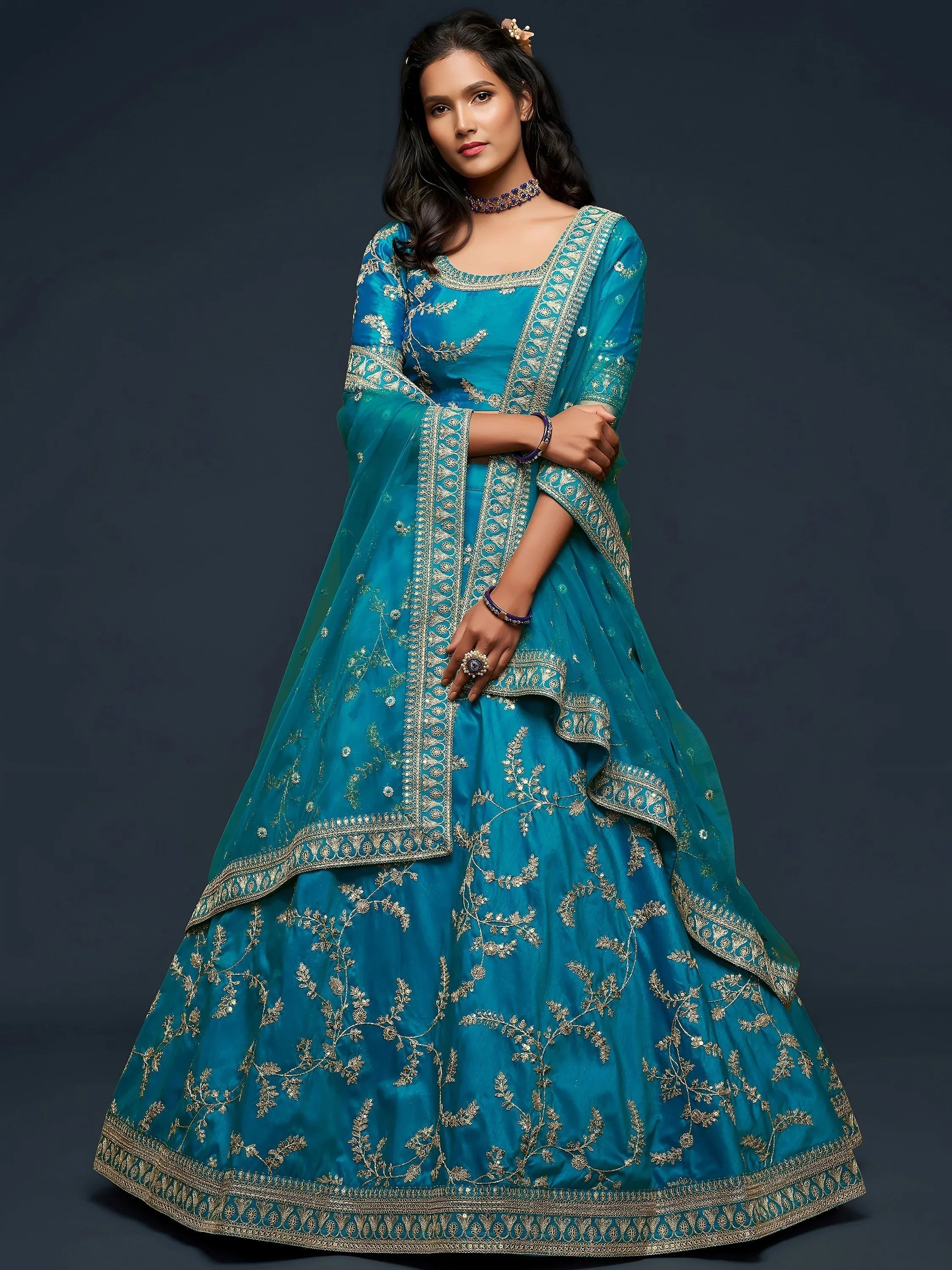 Tulsi Art Teal Blue Thread Embroidery Art Silk Wedding Wear Lehenga Choli | Grocsy