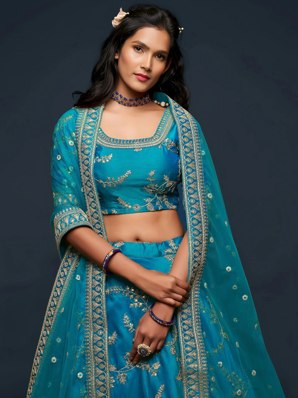 Tulsi Art Teal Blue Thread Embroidery Art Silk Wedding Wear Lehenga Choli | Grocsy